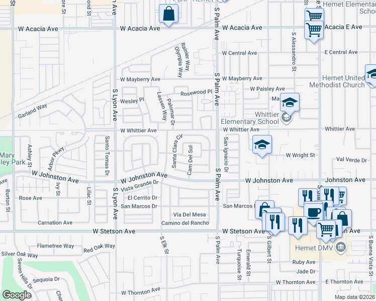 map of restaurants, bars, coffee shops, grocery stores, and more near 281 Camino Del Sol in Hemet
