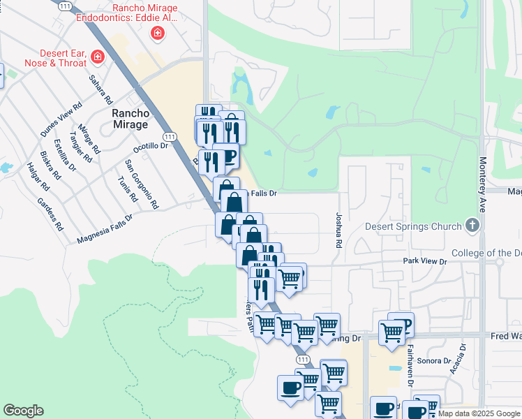 map of restaurants, bars, coffee shops, grocery stores, and more near 72218 Desert Drive in Rancho Mirage