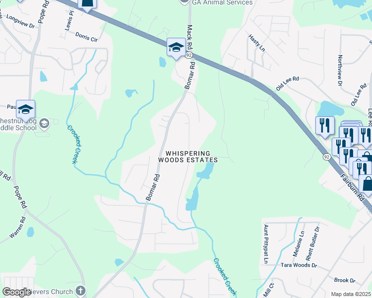 map of restaurants, bars, coffee shops, grocery stores, and more near 2605 Whisper Trail in Douglasville