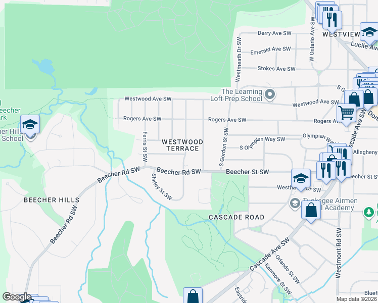 map of restaurants, bars, coffee shops, grocery stores, and more near 1812 Shirley Street Southwest in Atlanta