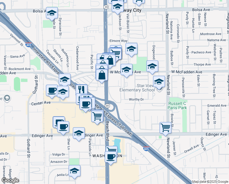 map of restaurants, bars, coffee shops, grocery stores, and more near 8070 Worthy Drive in Westminster
