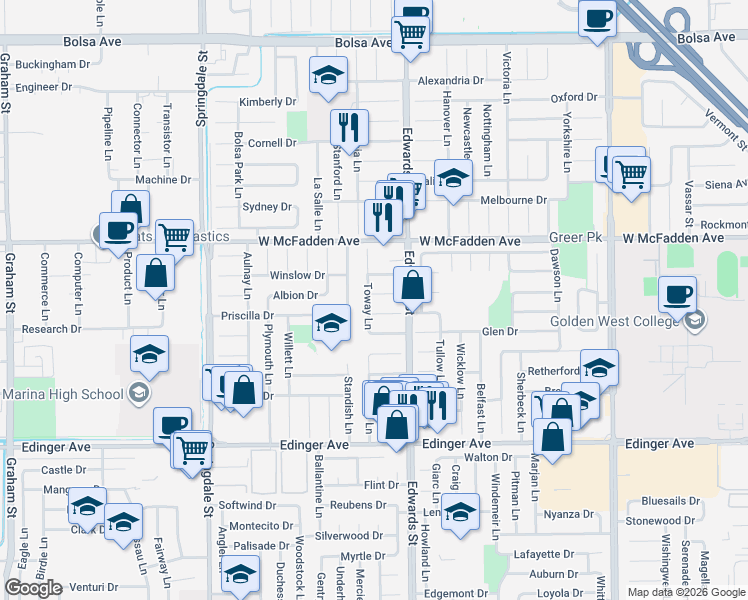 map of restaurants, bars, coffee shops, grocery stores, and more near 6392 Antrim Circle in Huntington Beach