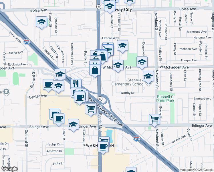 map of restaurants, bars, coffee shops, grocery stores, and more near 8070 Worthy Drive in Westminster