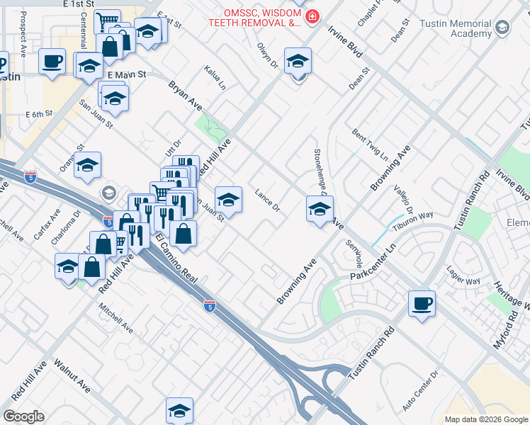 map of restaurants, bars, coffee shops, grocery stores, and more near 1782 Andrews Street in Tustin