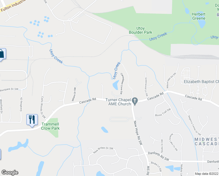 map of restaurants, bars, coffee shops, grocery stores, and more near 525 Carondelett Cove Southwest in Atlanta