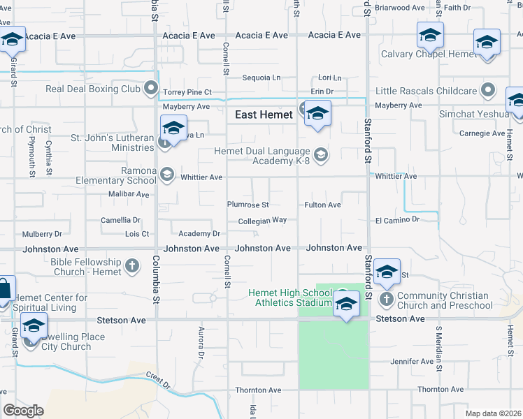 map of restaurants, bars, coffee shops, grocery stores, and more near 41408 Collegian Way in Hemet