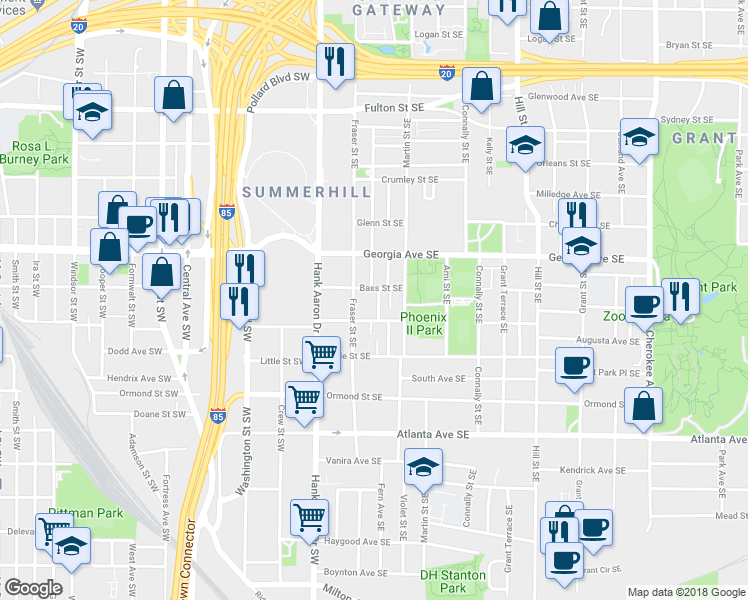 map of restaurants, bars, coffee shops, grocery stores, and more near 713 Reed Street Southeast in Atlanta