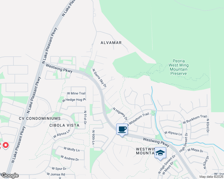 map of restaurants, bars, coffee shops, grocery stores, and more near 27685 North Higuera Drive in Peoria