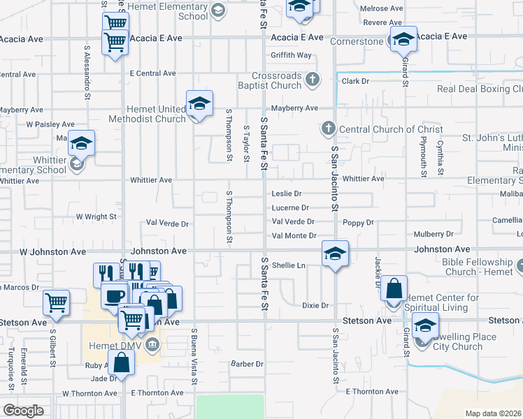 map of restaurants, bars, coffee shops, grocery stores, and more near 880 East Wright Street in Hemet