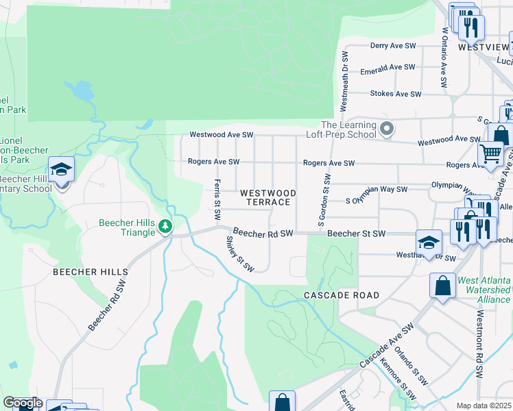 map of restaurants, bars, coffee shops, grocery stores, and more near 1949 Handley Avenue Southwest in Atlanta