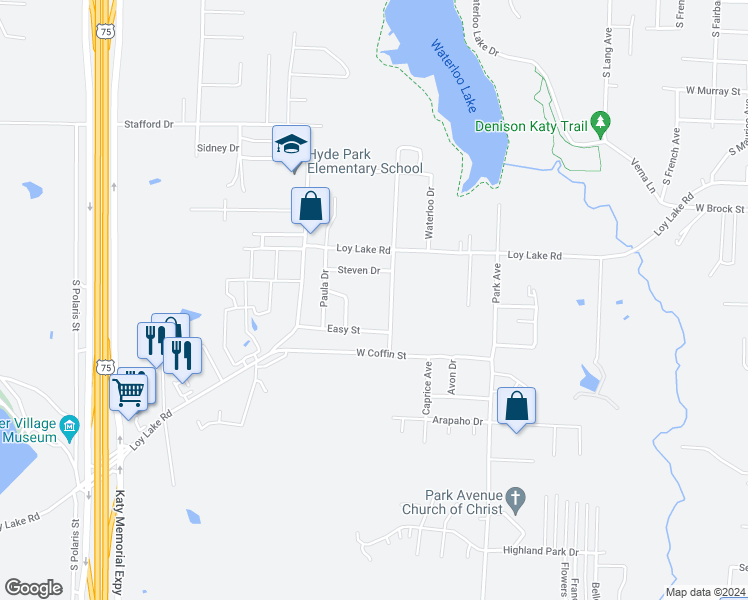 map of restaurants, bars, coffee shops, grocery stores, and more near 2101 Bluebonnet Avenue in Denison