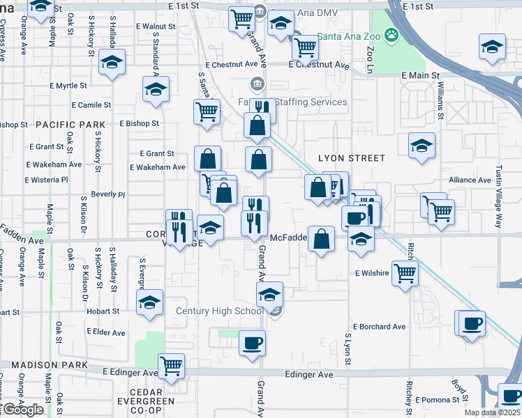 map of restaurants, bars, coffee shops, grocery stores, and more near 1020 South Grand Avenue in Santa Ana
