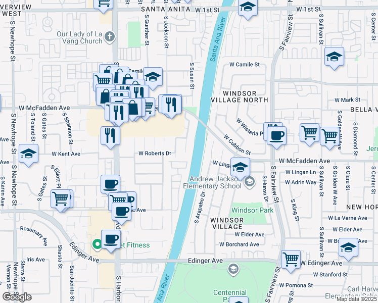 map of restaurants, bars, coffee shops, grocery stores, and more near 925 South Susan Street in Santa Ana