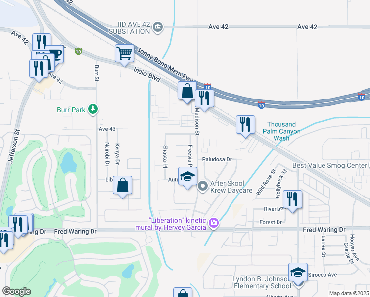 map of restaurants, bars, coffee shops, grocery stores, and more near 80831 Sunspring Court in Indio