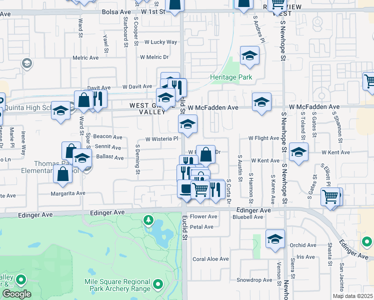 map of restaurants, bars, coffee shops, grocery stores, and more near 5125 West Roberts Drive in Santa Ana