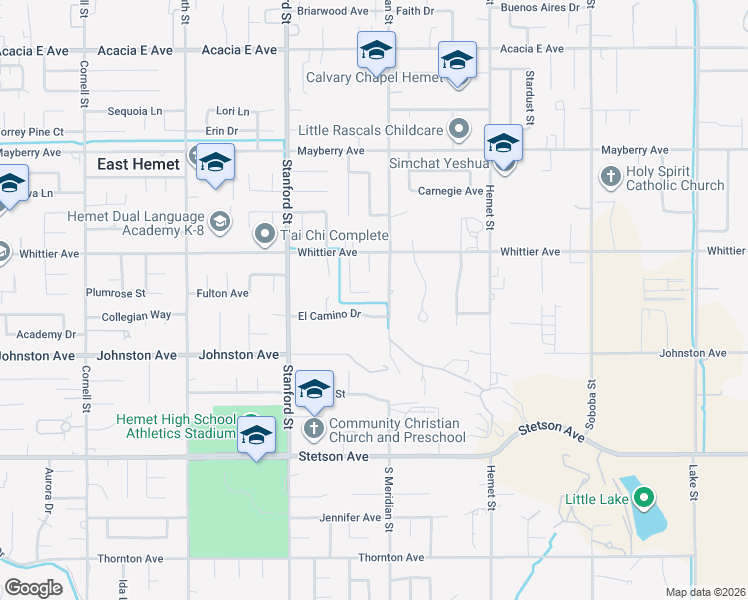 map of restaurants, bars, coffee shops, grocery stores, and more near 41910 El Camino Drive in Hemet