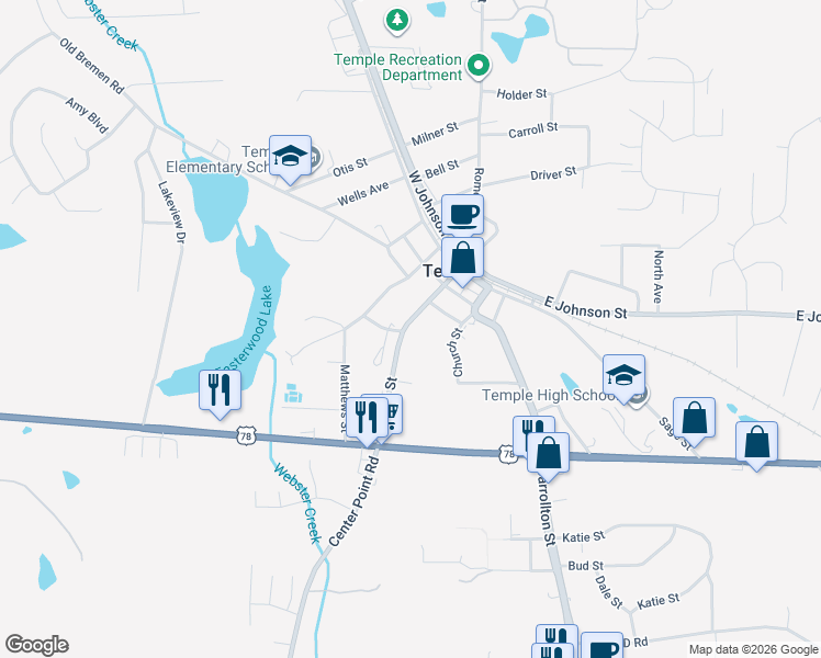 map of restaurants, bars, coffee shops, grocery stores, and more near 92 James Street in Temple