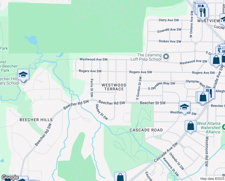 map of restaurants, bars, coffee shops, grocery stores, and more near 1935 Handley Avenue Southwest in Atlanta
