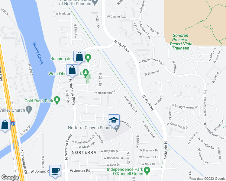 map of restaurants, bars, coffee shops, grocery stores, and more near 2206 West Hedgehog Place in Phoenix