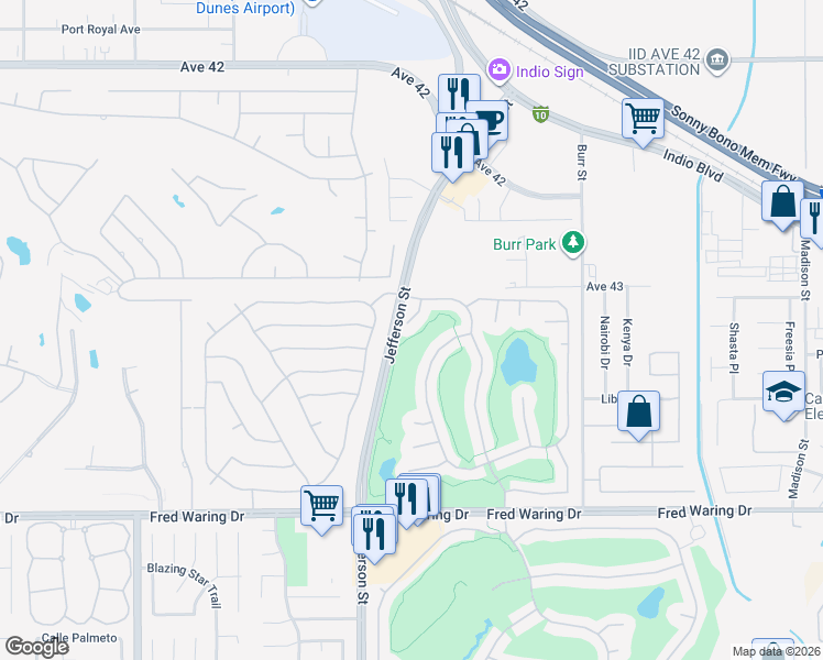 map of restaurants, bars, coffee shops, grocery stores, and more near 43506 Torphin Hill Place in Indio