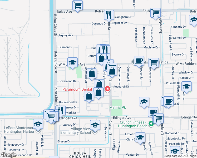 map of restaurants, bars, coffee shops, grocery stores, and more near 15632 Container Lane in Huntington Beach