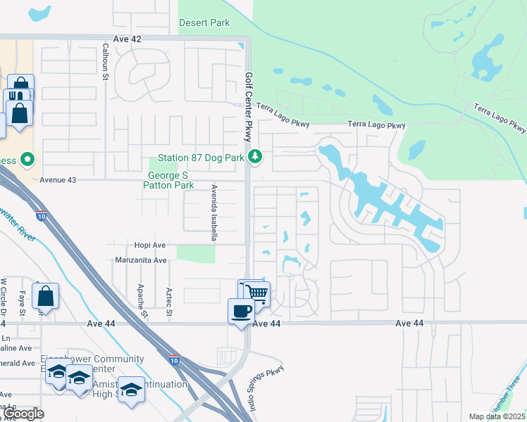 map of restaurants, bars, coffee shops, grocery stores, and more near 84136 Avenue 44 in Indio