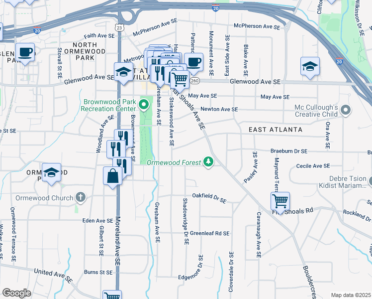 map of restaurants, bars, coffee shops, grocery stores, and more near 1345 Milton Place Southeast in Atlanta