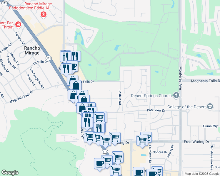 map of restaurants, bars, coffee shops, grocery stores, and more near 72408 Desert Drive in Rancho Mirage