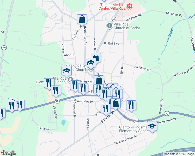 map of restaurants, bars, coffee shops, grocery stores, and more near 525 Main Street in Villa Rica