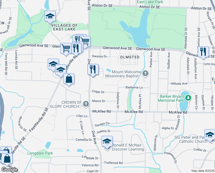 map of restaurants, bars, coffee shops, grocery stores, and more near 1973 Barberrie Lane in Decatur