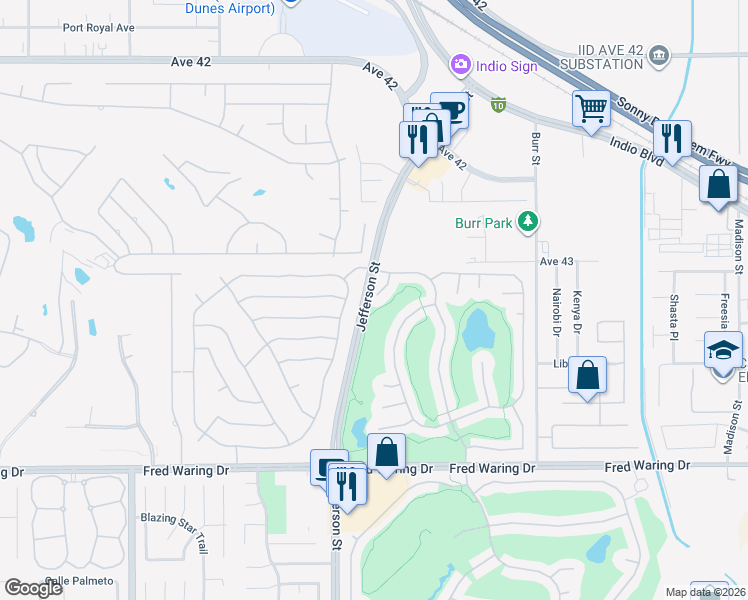 map of restaurants, bars, coffee shops, grocery stores, and more near 43506 Torphin Hill Place in Indio