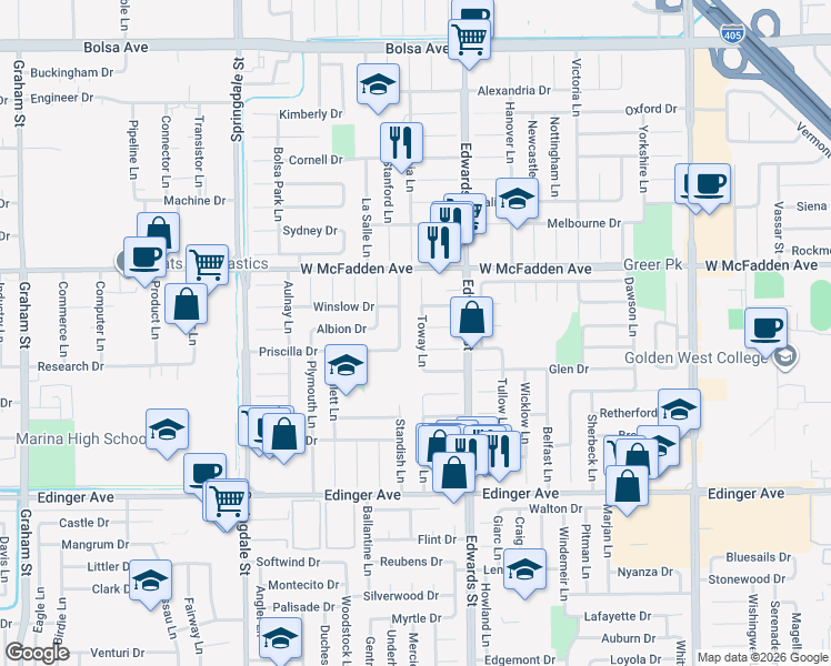 map of restaurants, bars, coffee shops, grocery stores, and more near 15631 Toway Lane in Huntington Beach