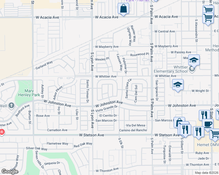 map of restaurants, bars, coffee shops, grocery stores, and more near 180 Santa Paula Drive in Hemet