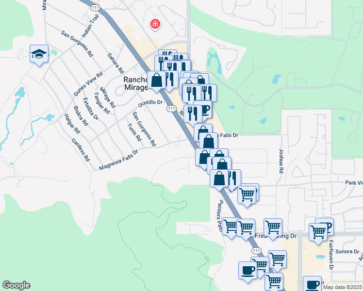 map of restaurants, bars, coffee shops, grocery stores, and more near 71956 Magnesia Falls Drive in Rancho Mirage
