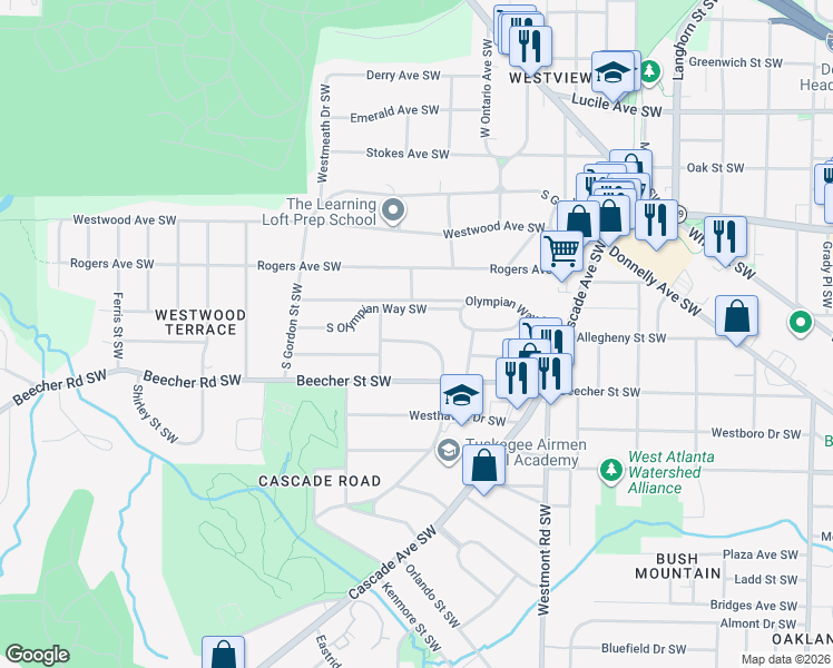 map of restaurants, bars, coffee shops, grocery stores, and more near 1669 South Alvarado Terrace Southwest in Atlanta