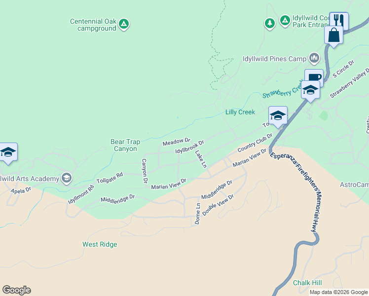 map of restaurants, bars, coffee shops, grocery stores, and more near 53340 Idyllbrook Drive in Idyllwild-Pine Cove