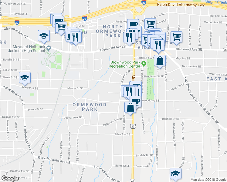 map of restaurants, bars, coffee shops, grocery stores, and more near 1080 Mercer Street Southeast in Atlanta