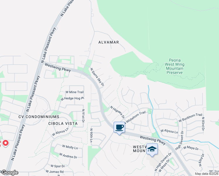 map of restaurants, bars, coffee shops, grocery stores, and more near 27685 North Higuera Drive in Peoria