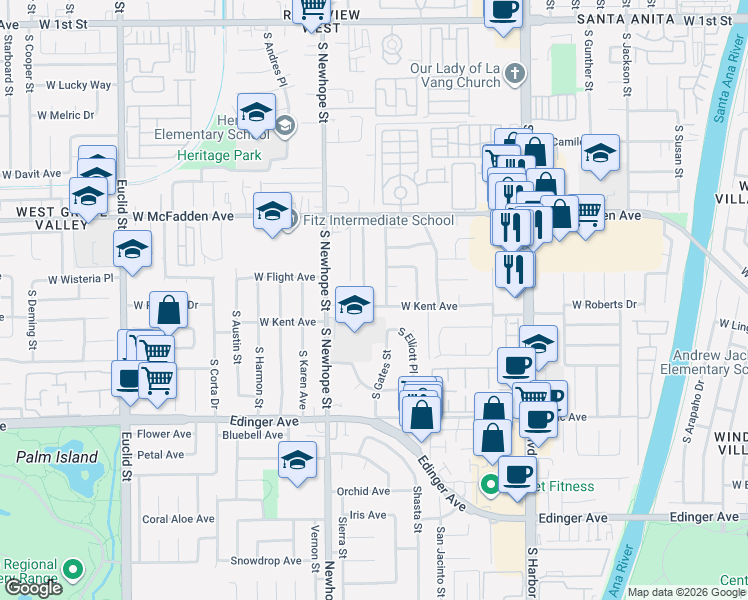 map of restaurants, bars, coffee shops, grocery stores, and more near 917 South Toland Street in Santa Ana