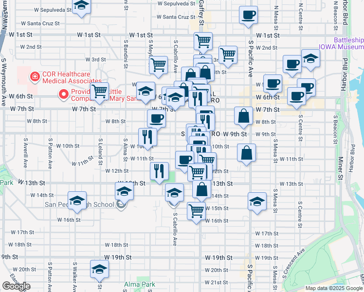 map of restaurants, bars, coffee shops, grocery stores, and more near 1010 South Cabrillo Avenue in Los Angeles