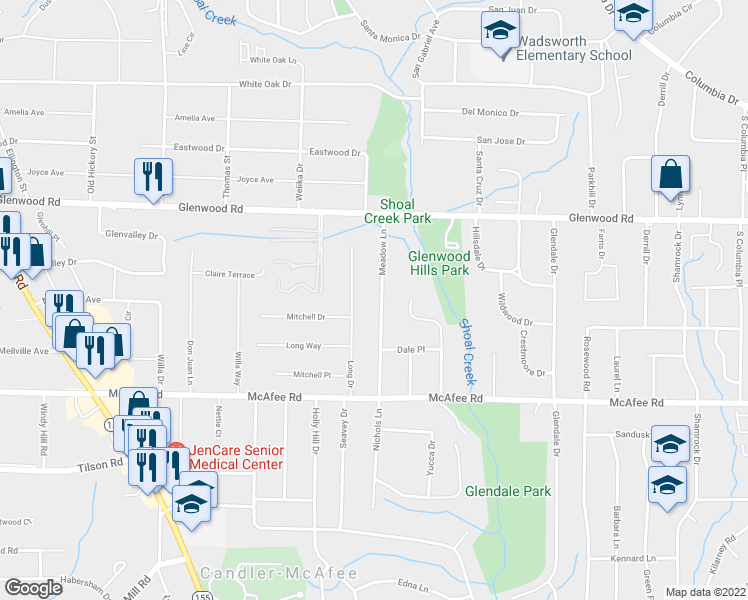 map of restaurants, bars, coffee shops, grocery stores, and more near 1909 Meadow Lane in Decatur
