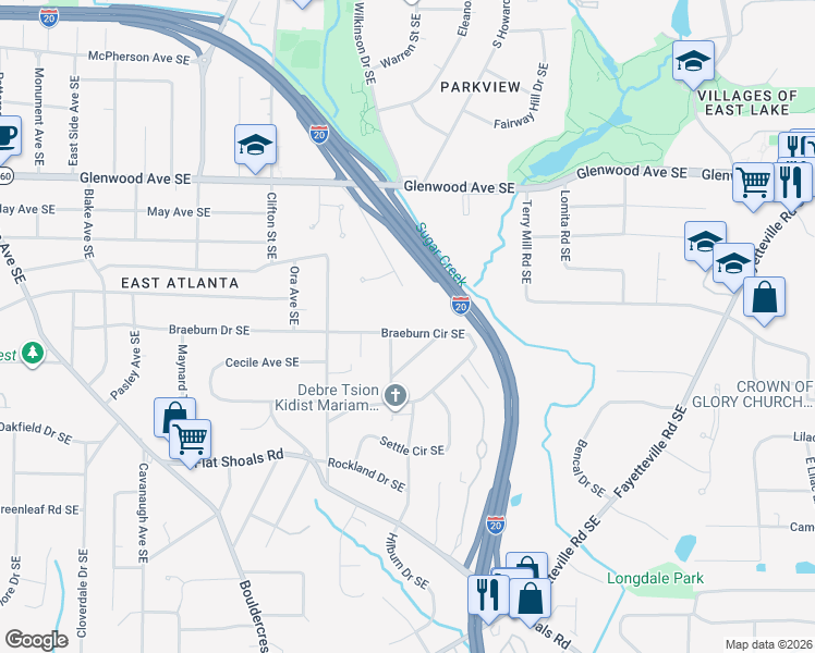 map of restaurants, bars, coffee shops, grocery stores, and more near 1844 Braeburn Circle Southeast in Atlanta