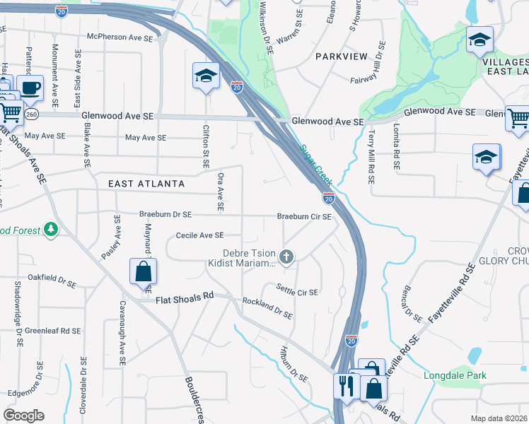 map of restaurants, bars, coffee shops, grocery stores, and more near 1812 Braeburn Circle Southeast in Atlanta