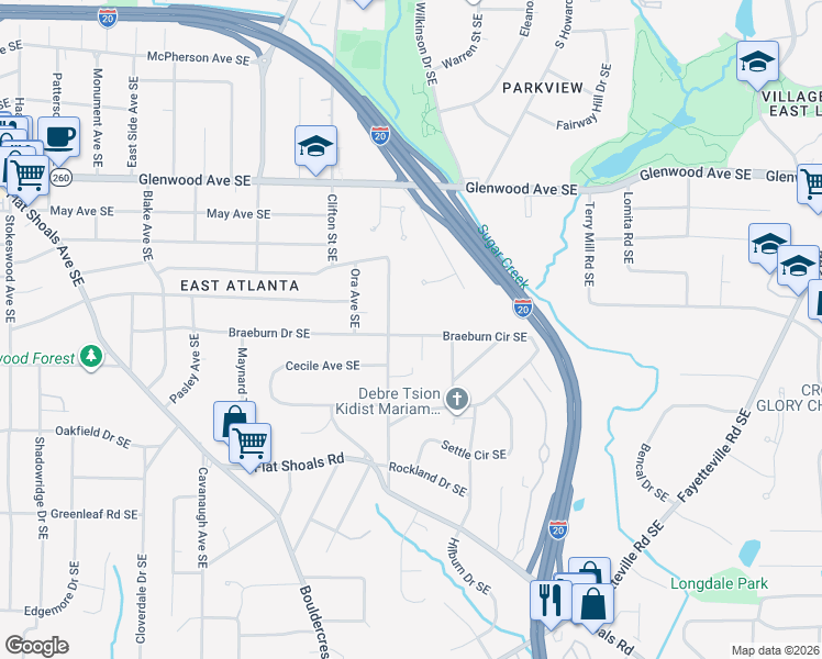 map of restaurants, bars, coffee shops, grocery stores, and more near 1802 Braeburn Circle Southeast in Atlanta