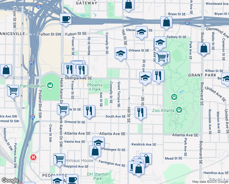 map of restaurants, bars, coffee shops, grocery stores, and more near 221 Bass Street Southeast in Atlanta