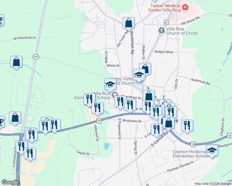 map of restaurants, bars, coffee shops, grocery stores, and more near 307 Peachtree Street in Villa Rica