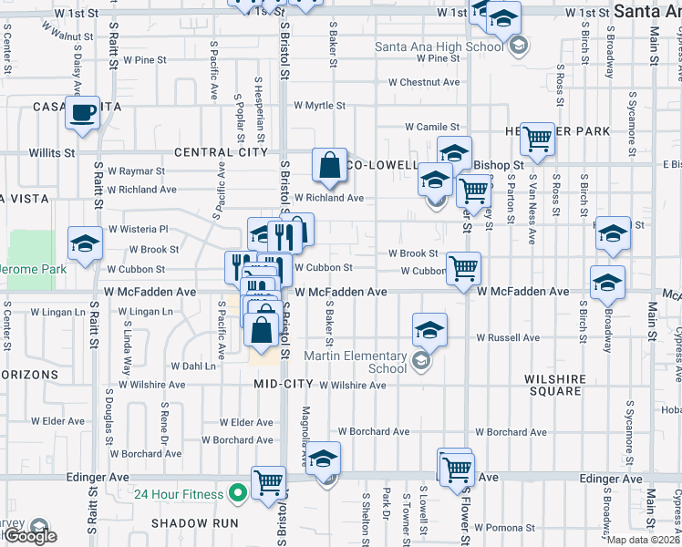 map of restaurants, bars, coffee shops, grocery stores, and more near 1140 West Cubbon Street in Santa Ana