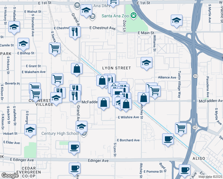 map of restaurants, bars, coffee shops, grocery stores, and more near 1609 East McFadden Avenue in Santa Ana