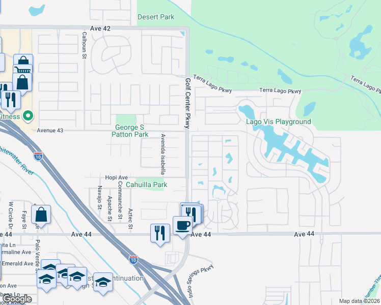 map of restaurants, bars, coffee shops, grocery stores, and more near 84136 Avenue 44 in Indio