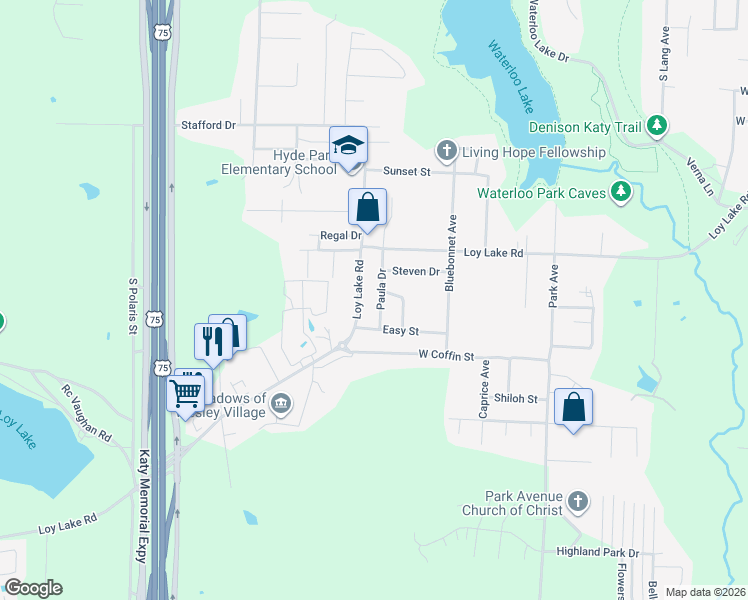 map of restaurants, bars, coffee shops, grocery stores, and more near 2640 Loy Lake Road in Denison